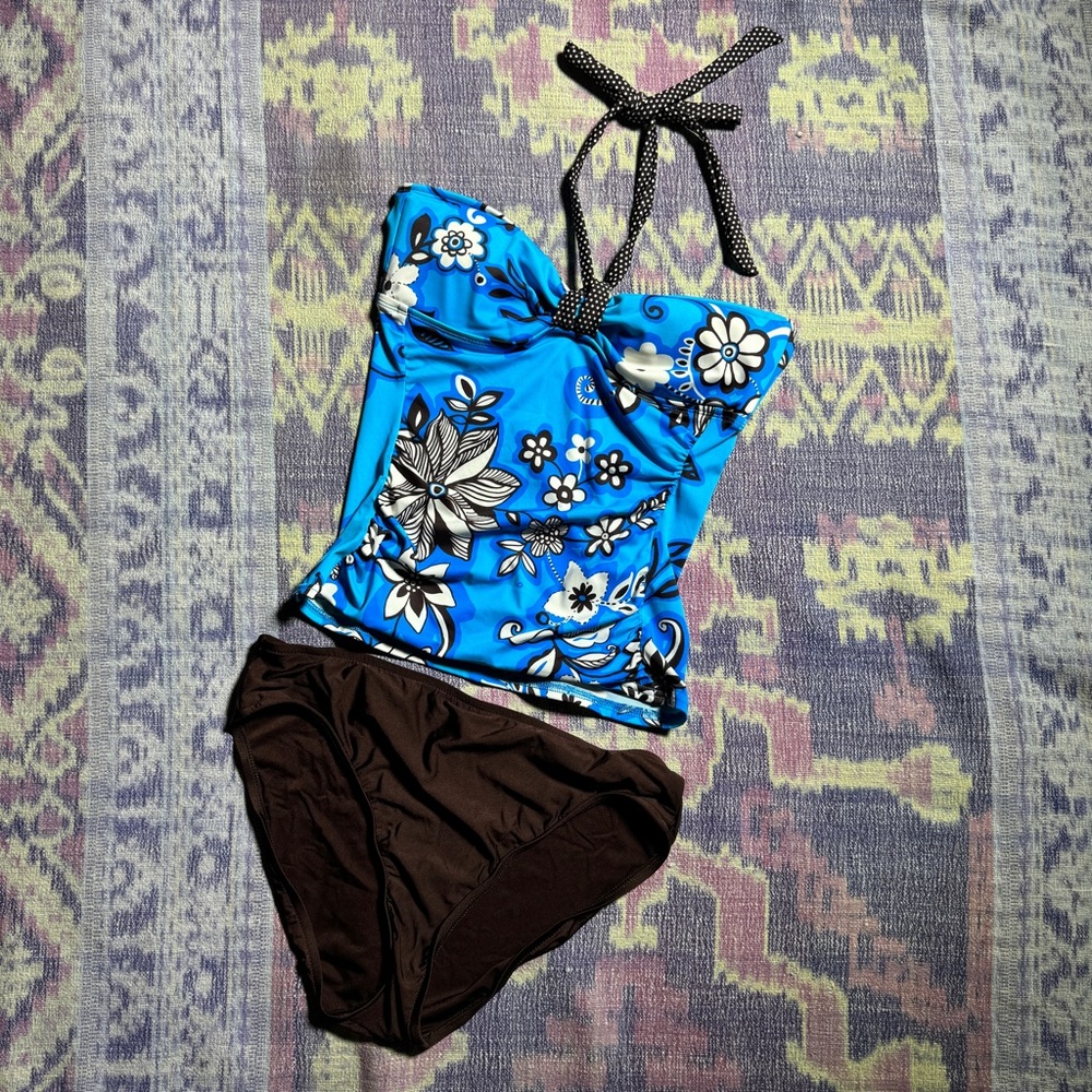 24th & Ocean Womens 2 Piece Tankini Swim Top & Bottom Floral Print in Blue Brown